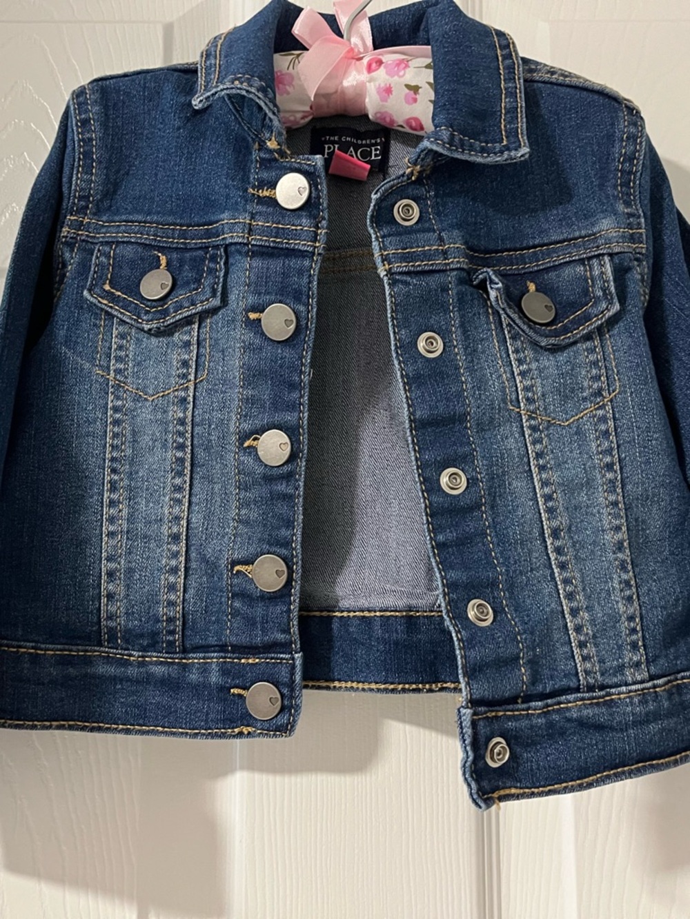 The Children's Place Girl's Denim Jacket with Pink Floral Trim